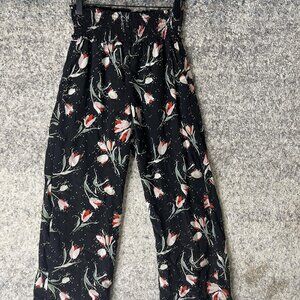 Rebecca Taylor Pants Womens Medium Black Floral Smocked Waist Wide Leg Cropped